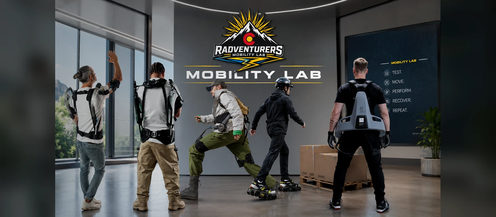 Radventurers Mobility Lab exoskeleton marketplace with complete users demonstrating supported wearable mobility technologies
