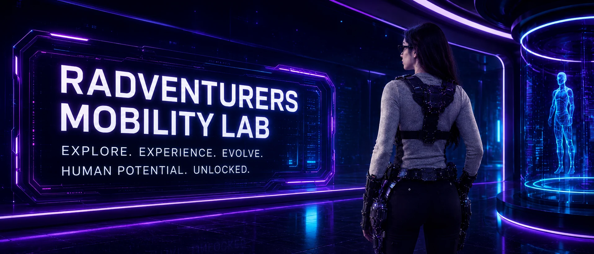 Radventurers Mobility Lab wearable mobility technology banner in purple